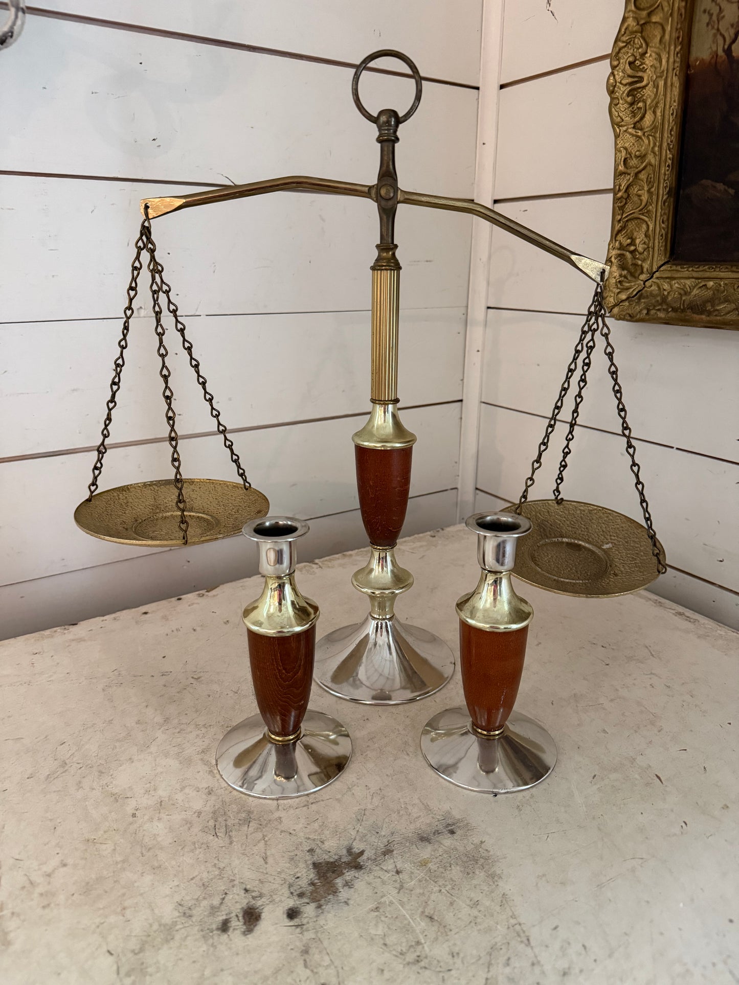 MCM Brass Balancing Scale with matching candlesticks