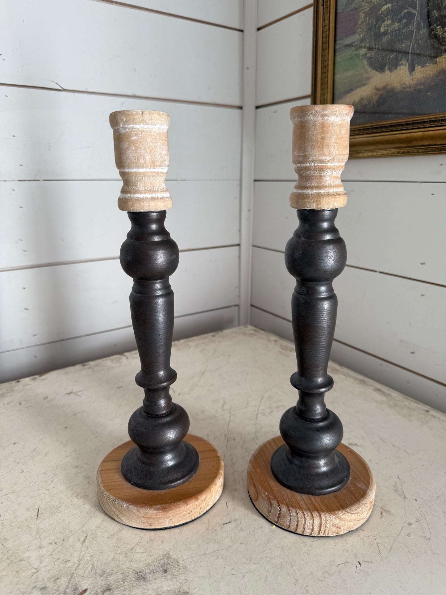 2 toned Wood Candlesticks set of 2