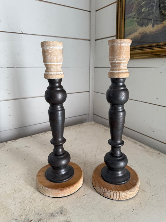 2 toned Wood Candlesticks set of 2