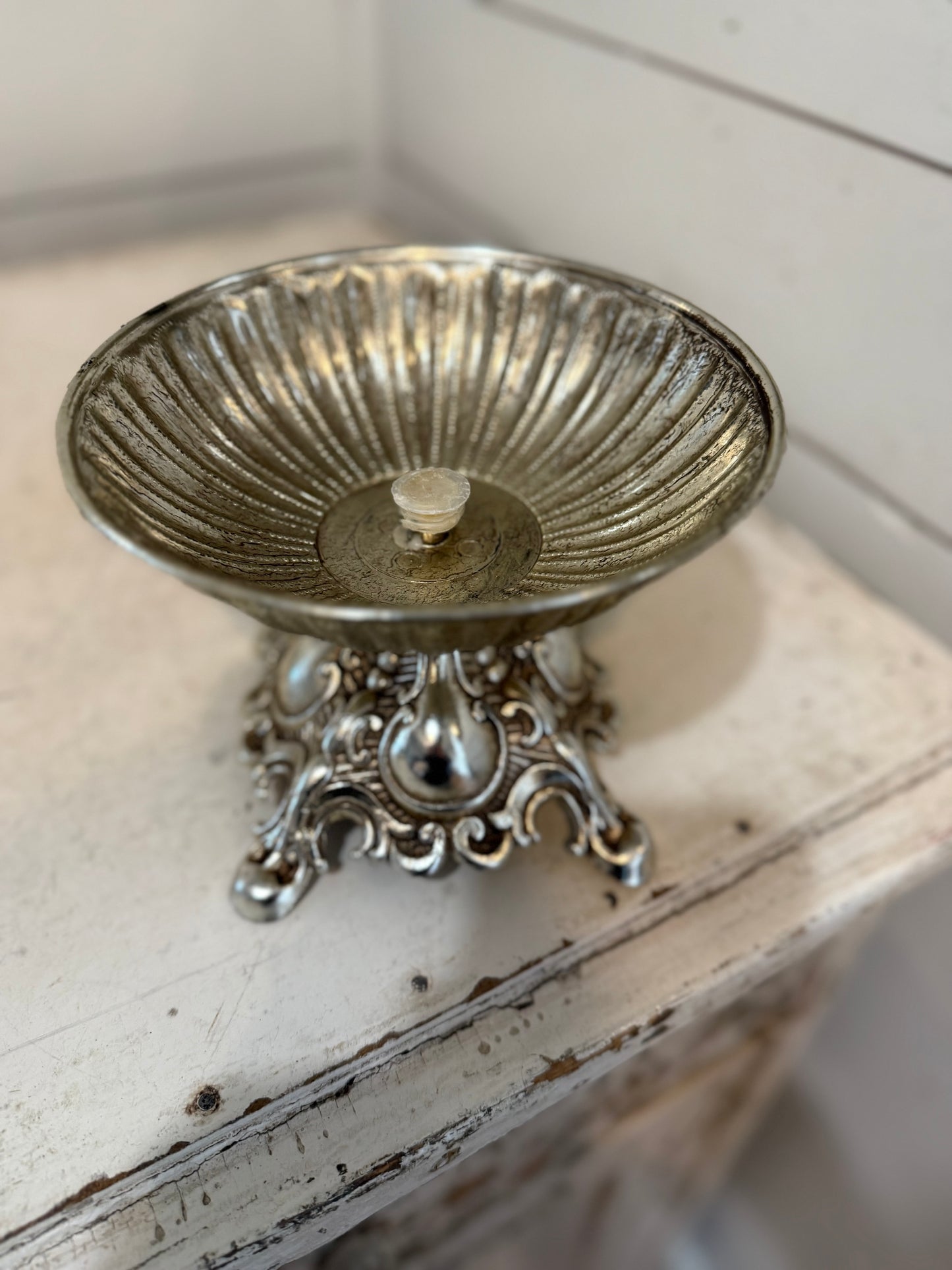 Vintage ornate metal bowl base- centerpiece - repurpose piece - aged - missing candle holder in the center