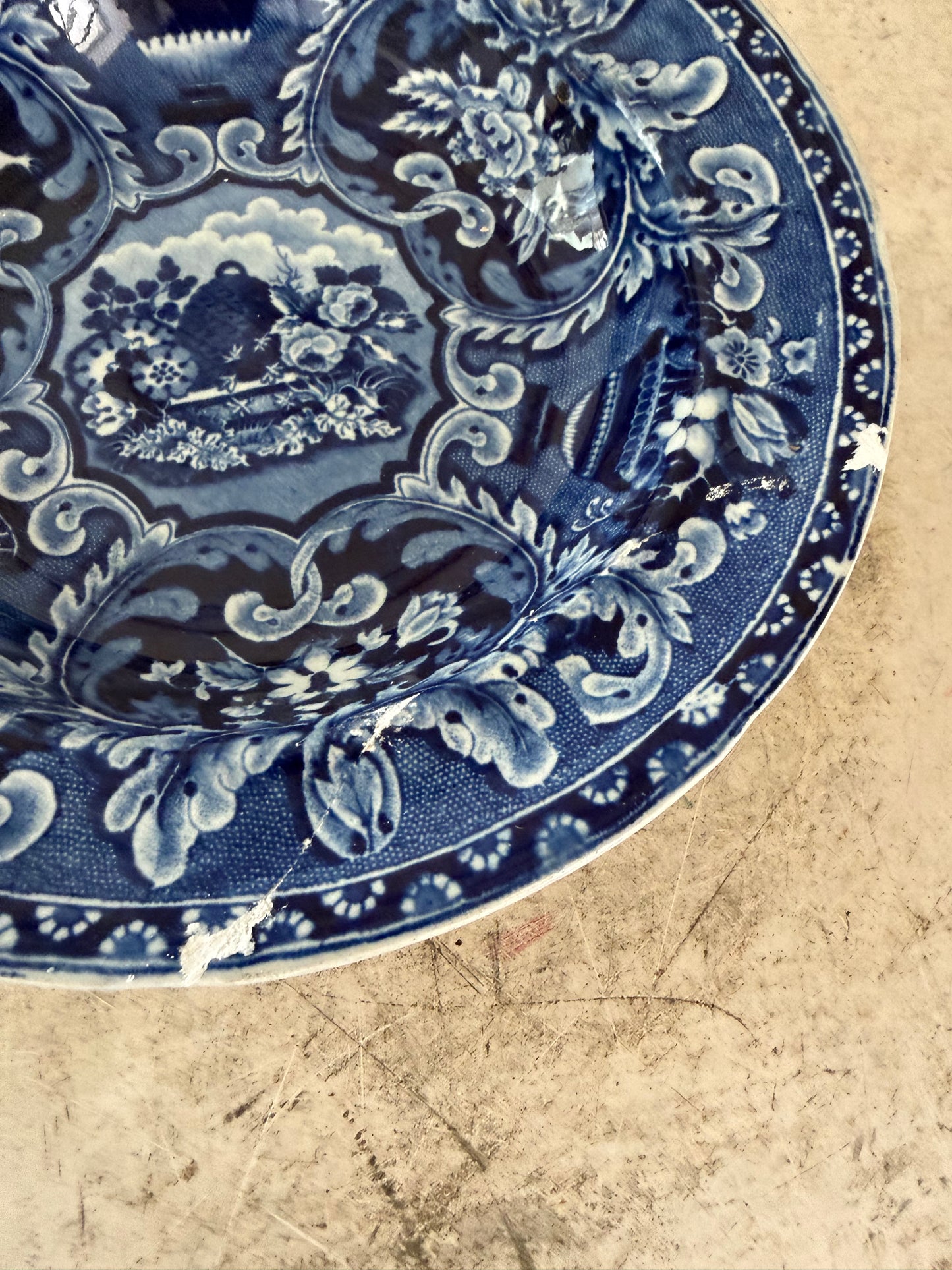 Antique Blue and White Bowl Transferware Beehive and Vases - has been repaired