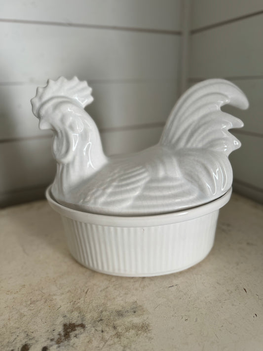 Vintage White Rooster Oval Covered Casserole Bowl Dish