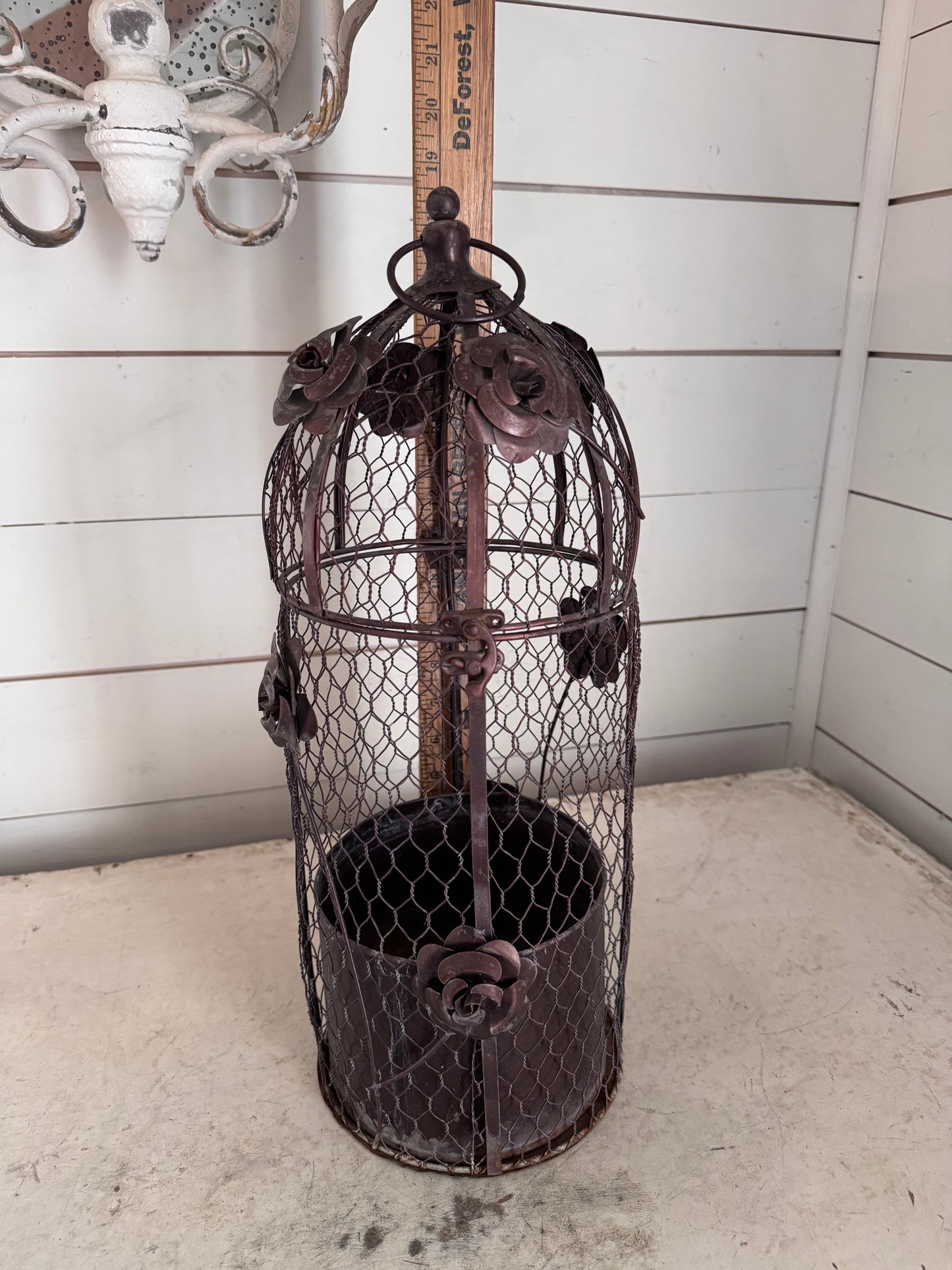 Bronze Colored Bird Cage With Metal Roses 18-1/2” tall