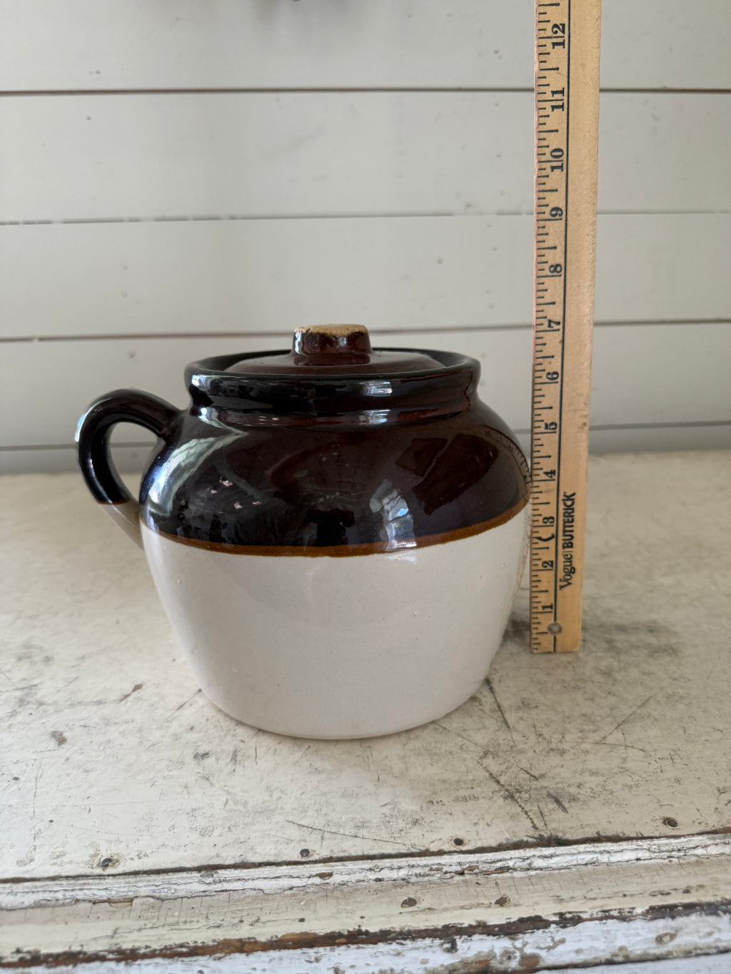 Vintage Number Three Bean Crock has small chip in lid