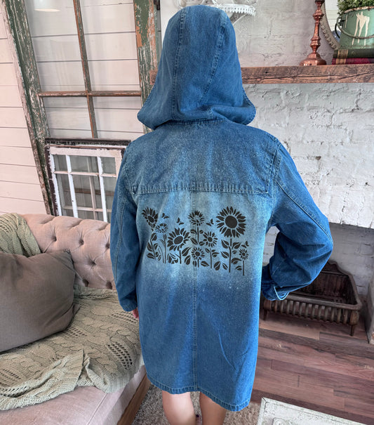 Oversized, hooded denim jacket with custom painted sunflowers size large