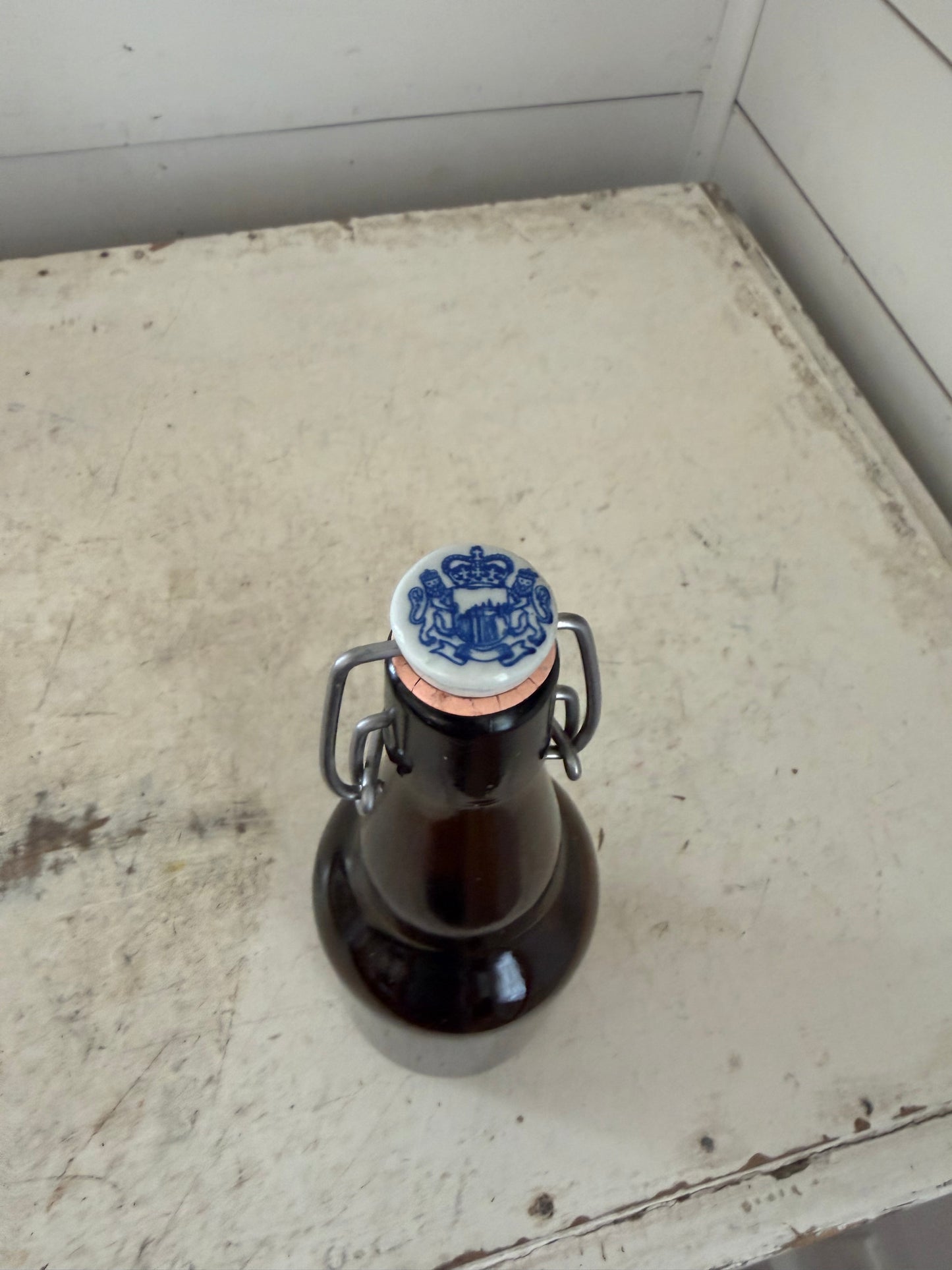 Vintage Beer Bottle Blue Crown Lion Amber Glass Porcelain Ceramic Hinged Lid