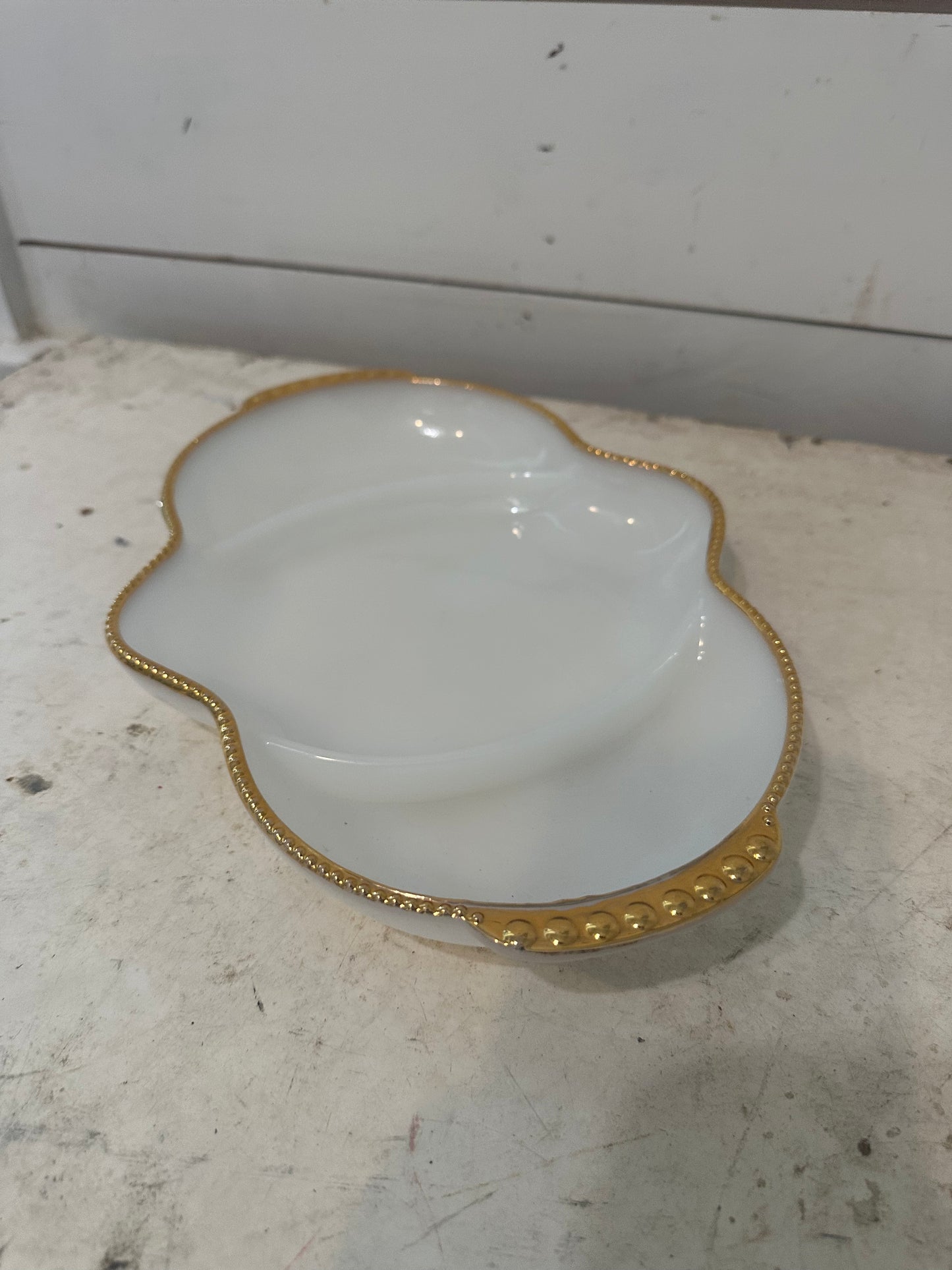 Anchor Hocking Fire King Milk White Glass Gold Trim Divided Dish