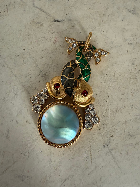 Limited Edition 1998 Trifari Zodiac Pisces Iridescent Enamel Double Fish Pendant