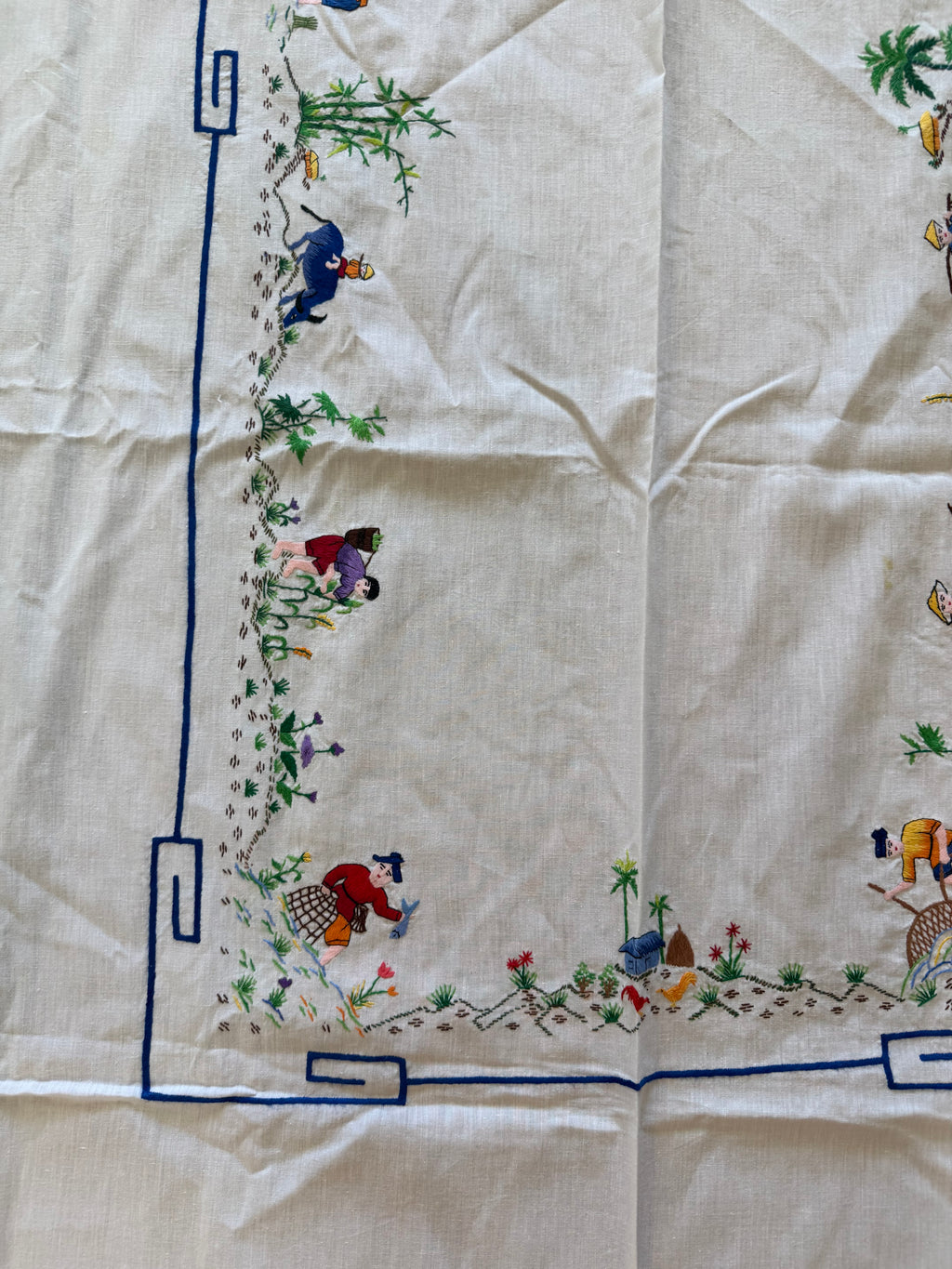 Antique Oriental Country‎ Lifestyle Hand Embroidered Tablecloth 95” X 53” Mint