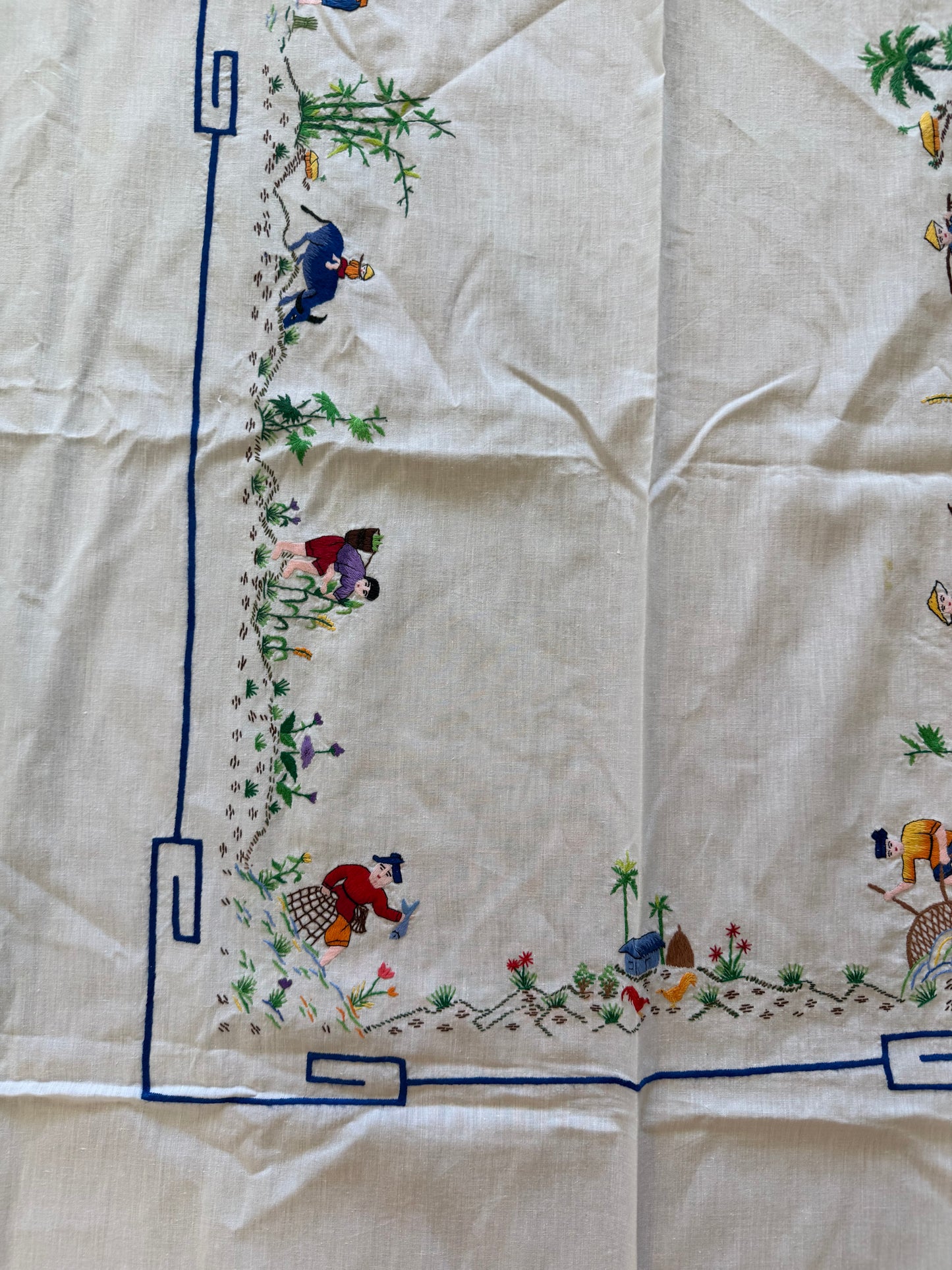 Antique Oriental Country‎ Lifestyle Hand Embroidered Tablecloth 95” X 53” Mint
