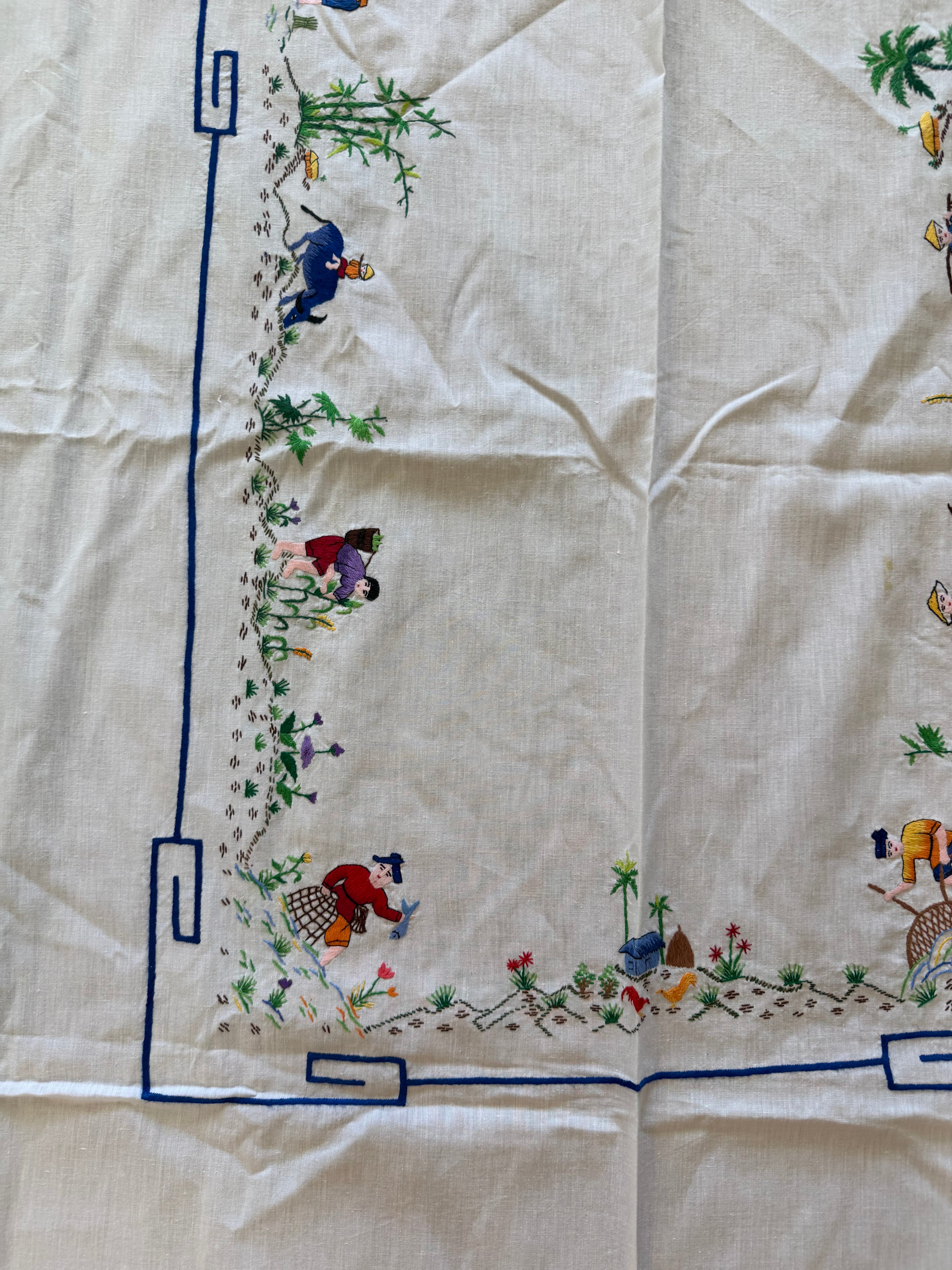 Antique Oriental Country‎ Lifestyle Hand Embroidered Tablecloth 95” X 53” Mint