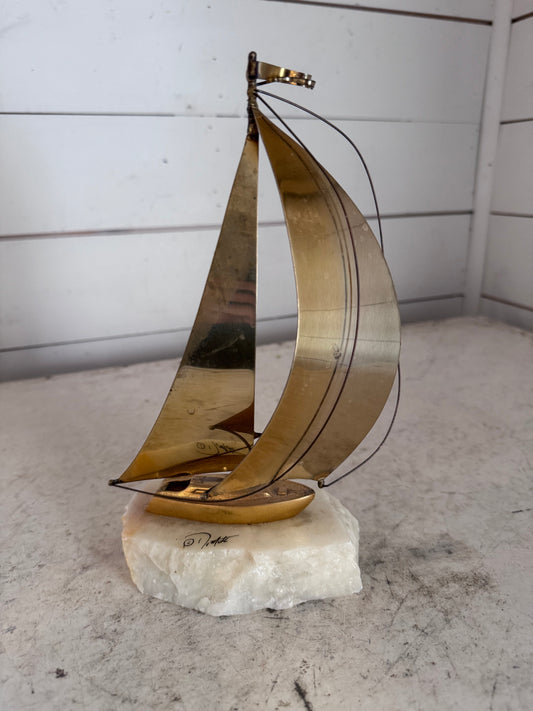 John DeMott Signed Brass Sail Sailboat Sculpture Nautical on Stone Base Patina