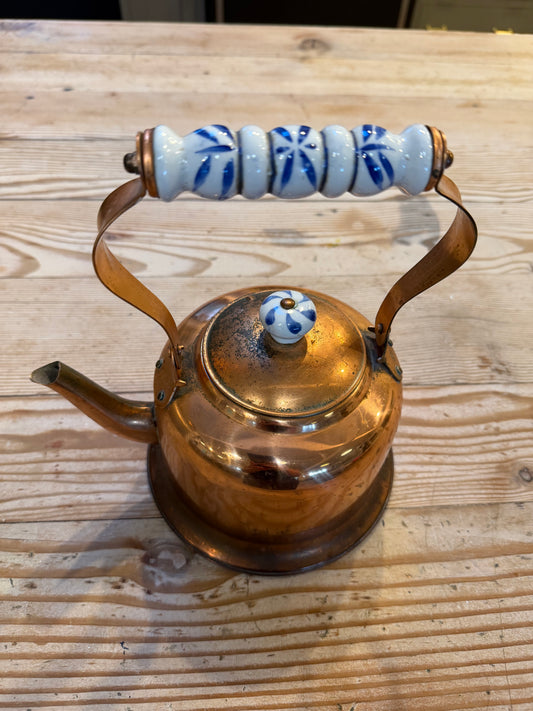 Vintage Copper Tea Kettle, Dutch Style Rustic Kitchen Decor, Ceramic Antique Teapot, Farmhouse Decor
