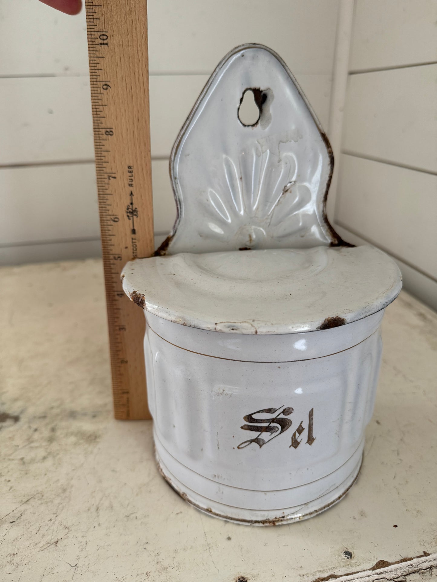 French Enamel SEL Salt Cellar, Hinged Lid Canister. Vintage Enamelware White & Gold, Farmhouse Kitchen Decor/ Decorative Antiques