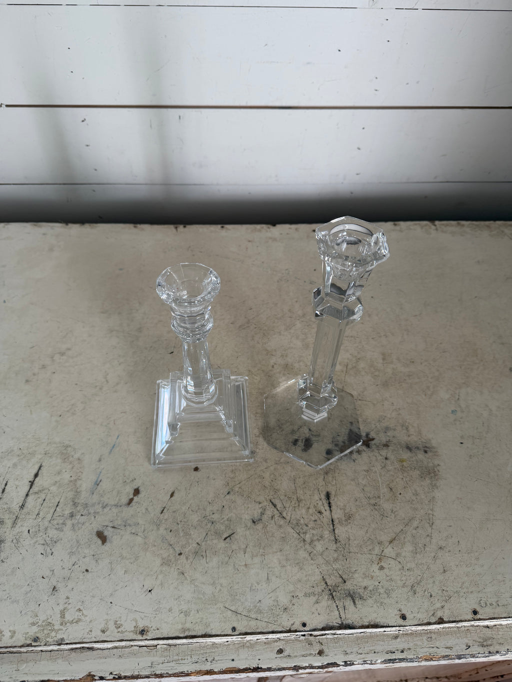 Square and Hexagon Base Crystal Candlestick Pair