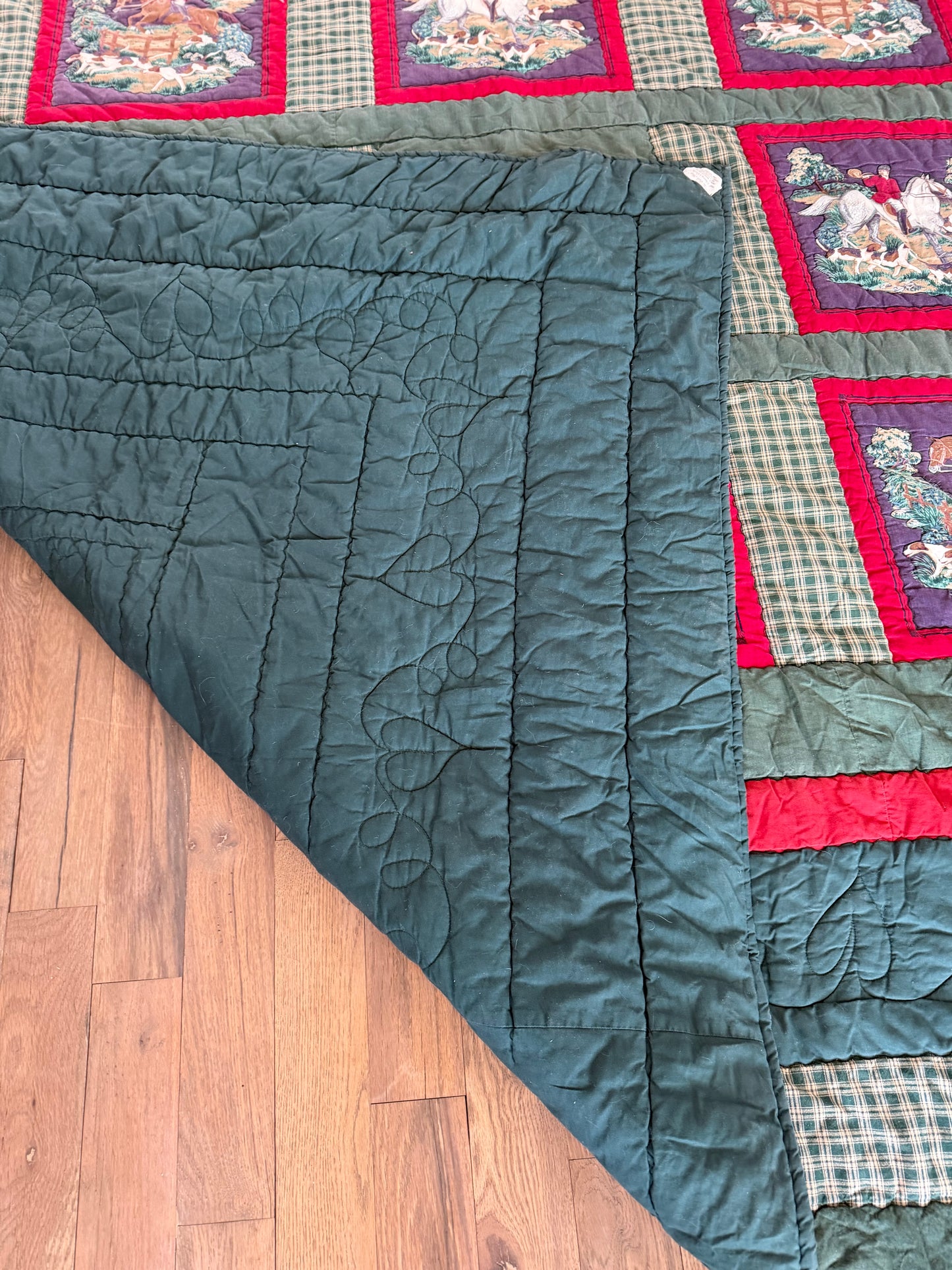 Green and Red Hand Quilted Equestrian Quilt - King Size - Homemade as is