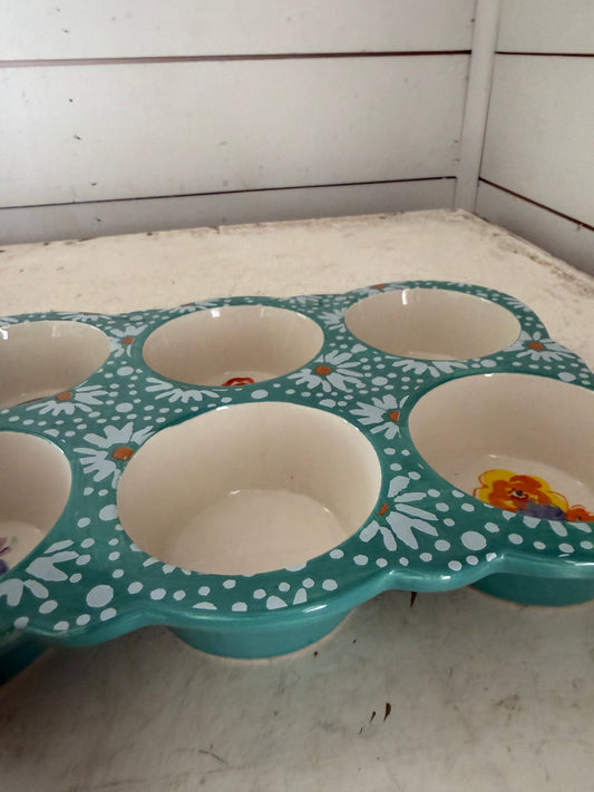 Pioneer Woman Flea Market Floral Teal Ceramic 6 Muffin Pan Farmhouse Style
