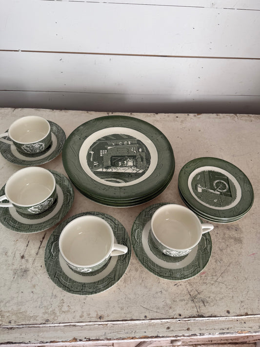 Vintage Colonial Stoneware Dishes - Green sold individually