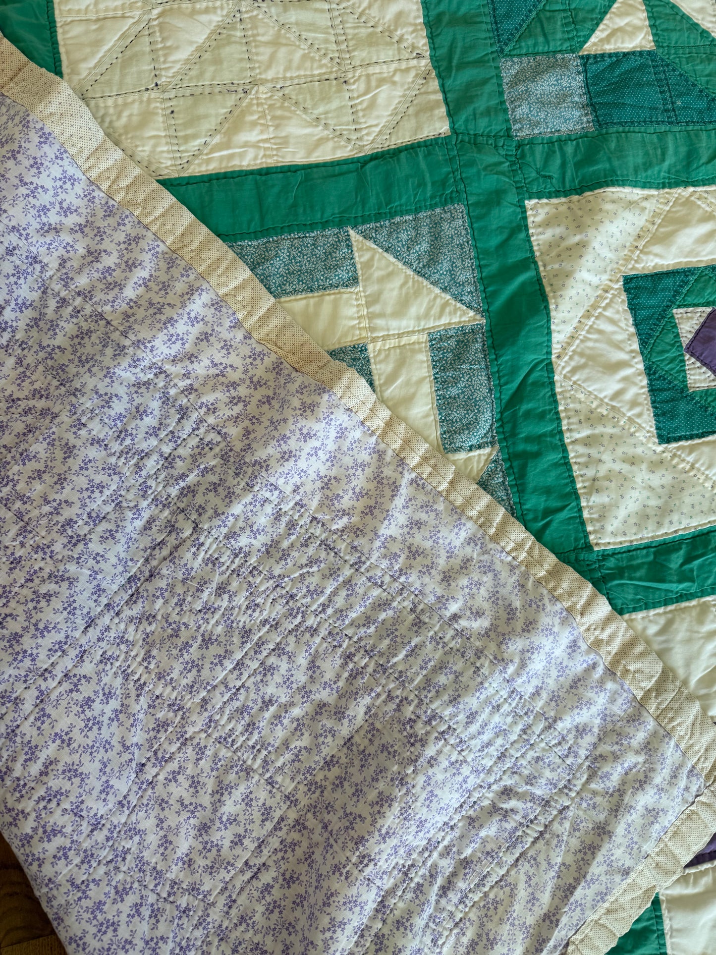 Vintage Purple and Green Hand Pieced Queen Quilt - as is has imperfections