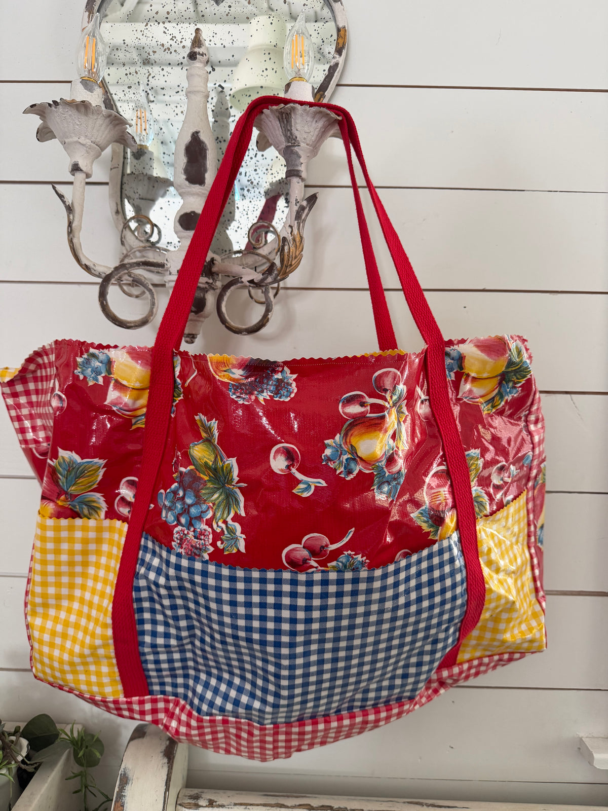 Oversized oil cloth multicolor bag - holds a ton blankets not included