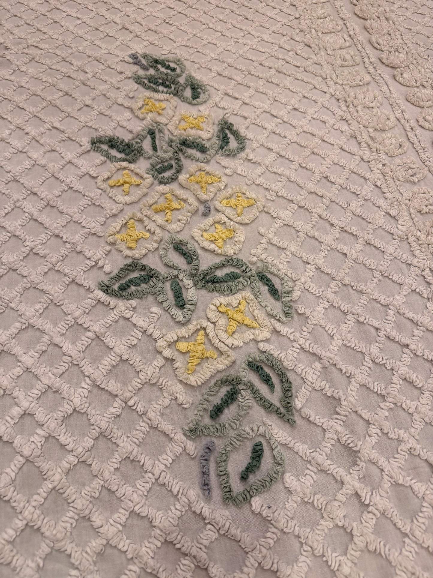 Vintage Queen Chenille Beadspread has light stains and wear as shown