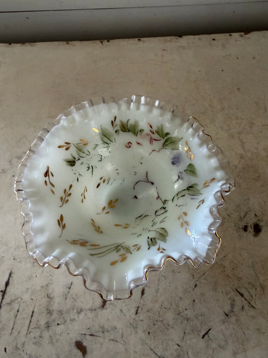 vintage Fenton Glass ruffled bowl featuring a delicate hand-painted floral design with gold trim