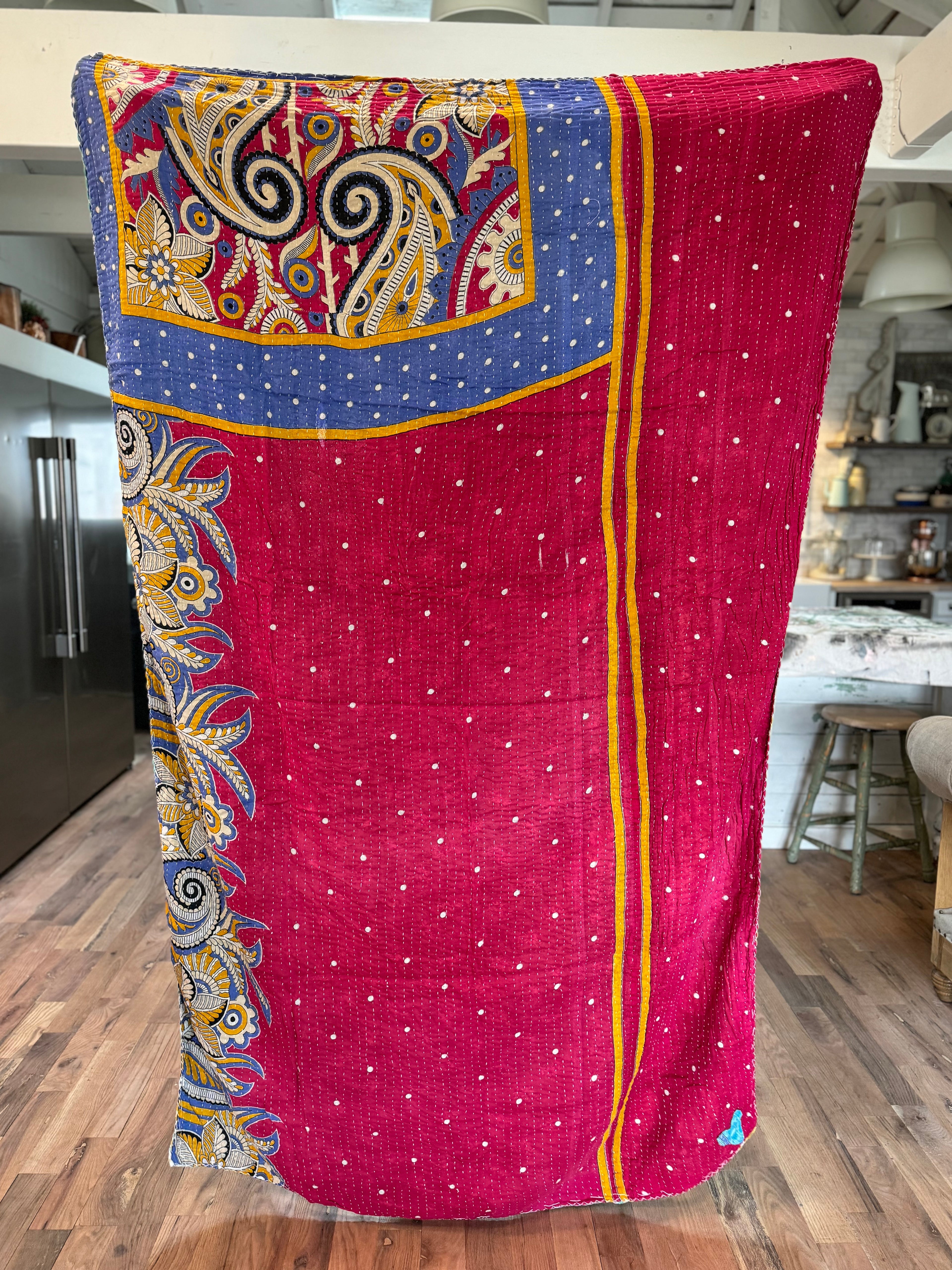 Vintage Kantha Fabric Quilt 3 - Handstitched - Quilt F 80x52” est