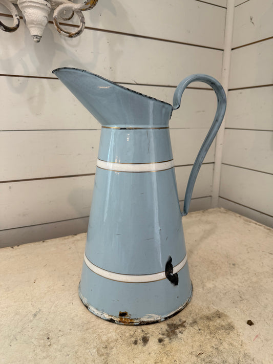 Vintage French pitcher jug decorated with baby blue & white enamel & gold lines, Vintage French enamel jug - chippy as is