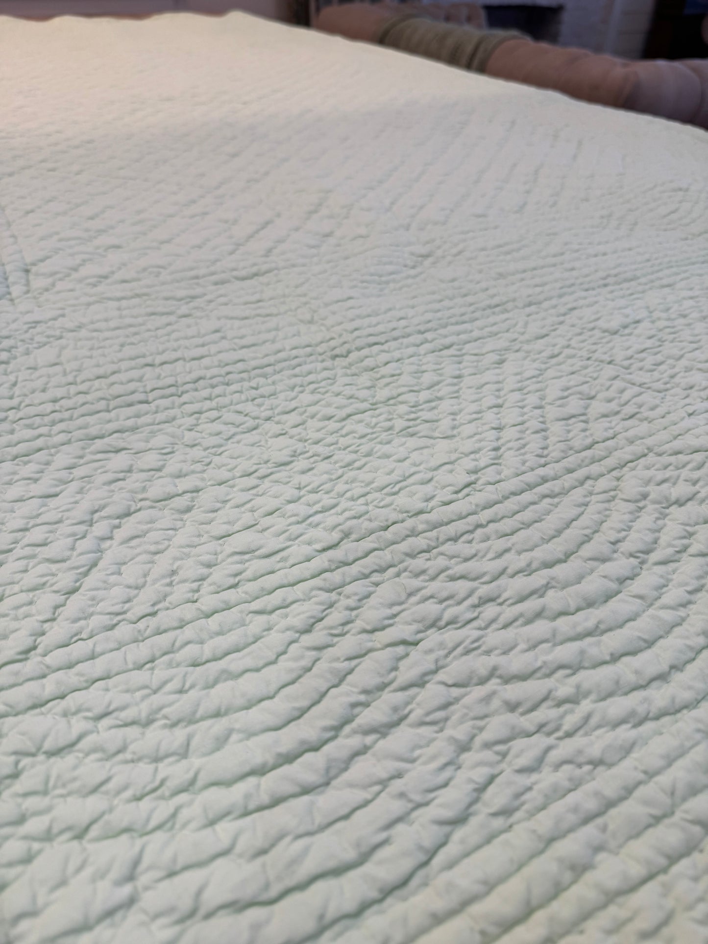 Lime Green & White Hand Quilted in India - has stain as shown 89x72”
