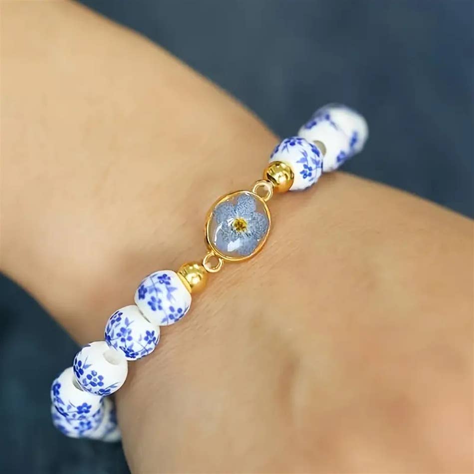Boho Blue White Floral Pressed Flower Beaded Bracelet