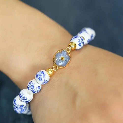Boho Blue White Floral Pressed Flower Beaded Bracelet