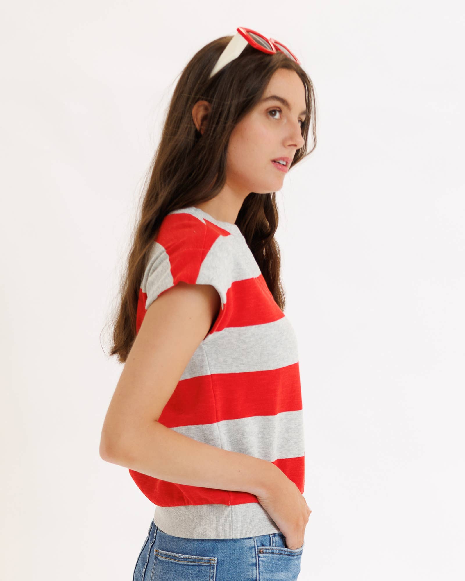 Grey and Red Striped Short Sleeve V-neck Contemporary Crew