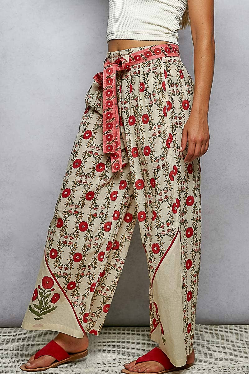 Waist Belt Floral Pattern Straight Fit Pants