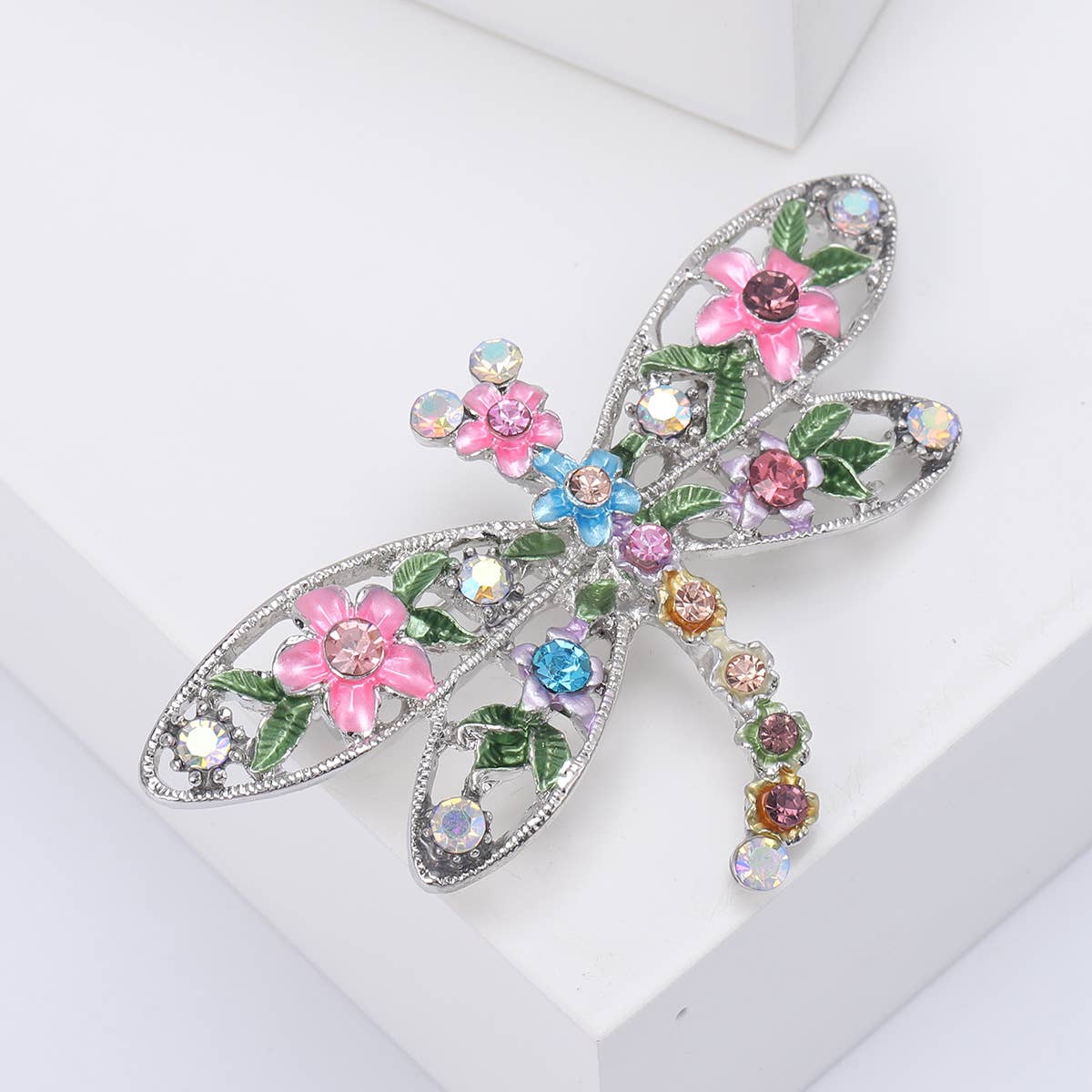 Floral Dragonfly Brooch, Colorful Rhinestone Insect Pin