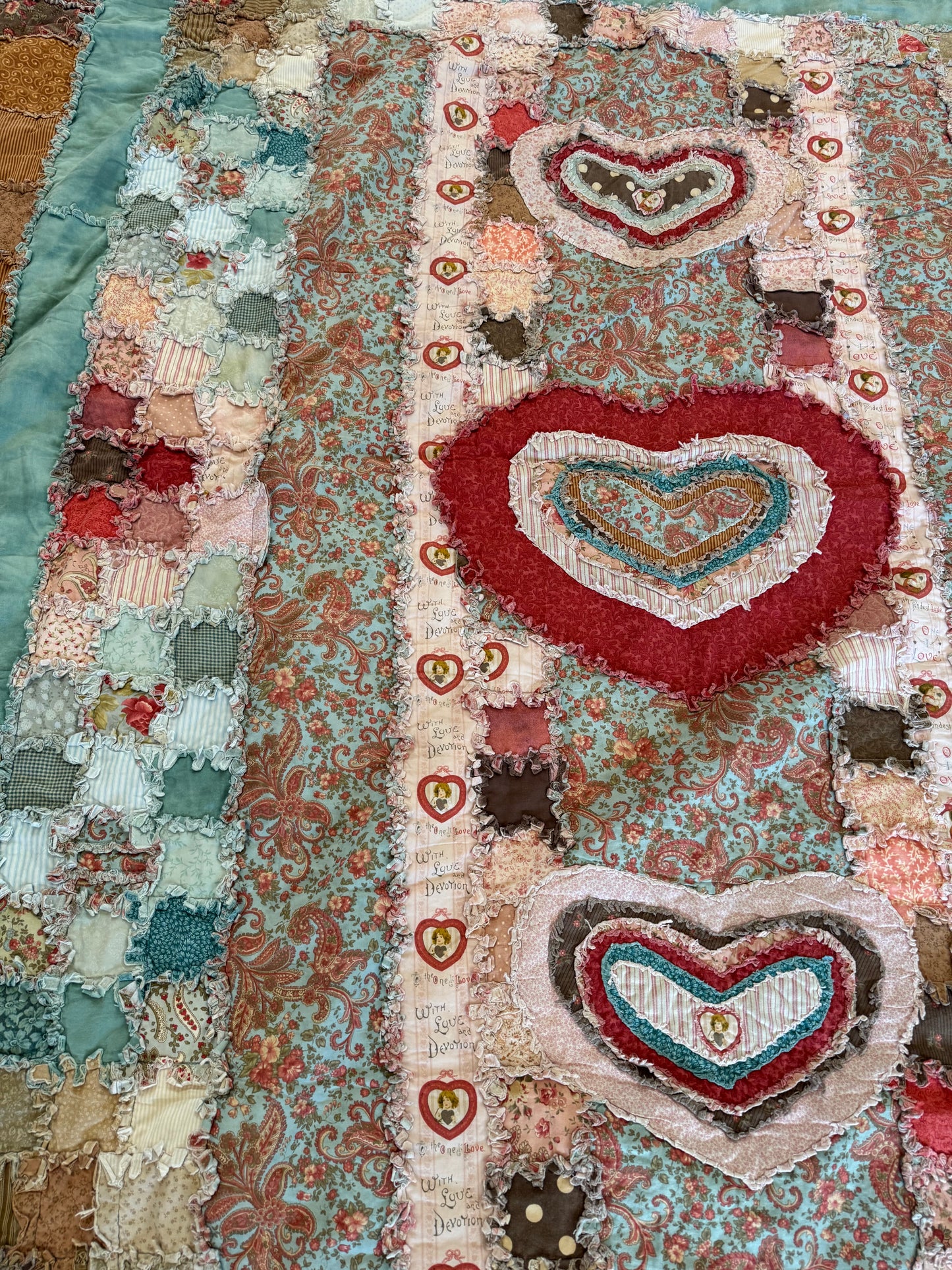 Twin size Heart applique Rag Quilt - Handmade