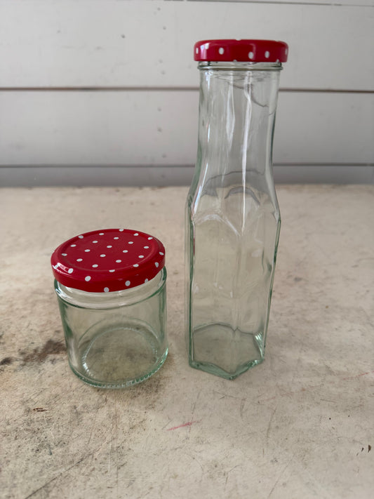 Set of English Bottles with red and white polka dot lids