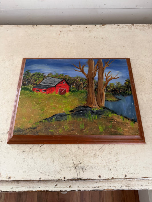 14” Original Folk Art Painting of Red Barn With Trees on Routered Wood