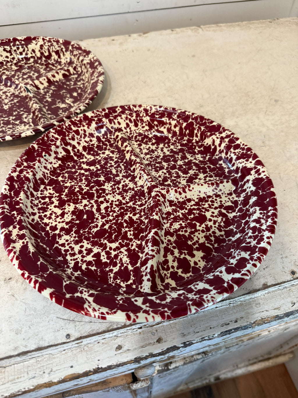 Burgundy and cream divided Splatterware enamel plate sold individually