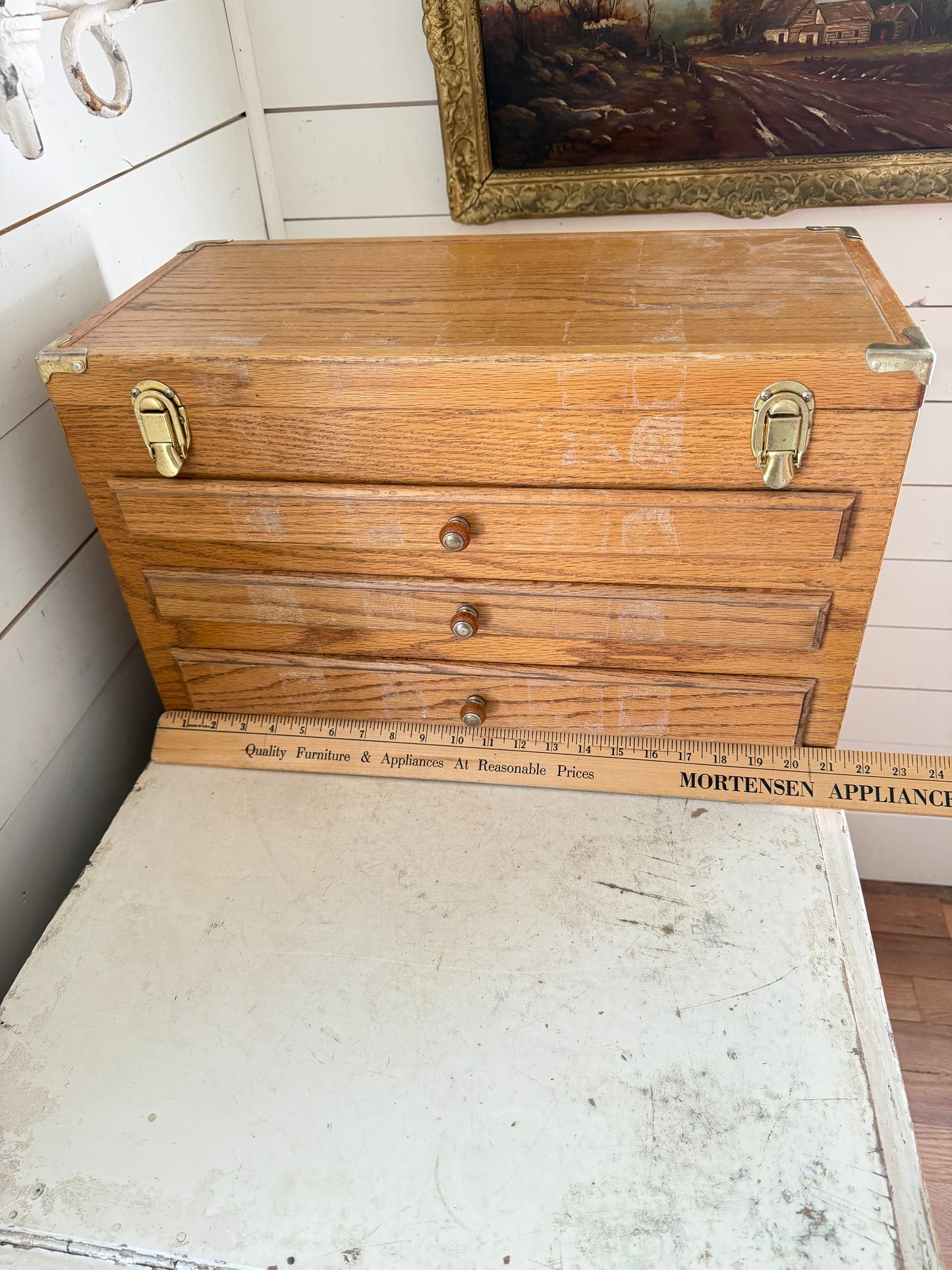 Wooden Oak Sewing Notions Chest - Will Get Makeover - drawers are empty