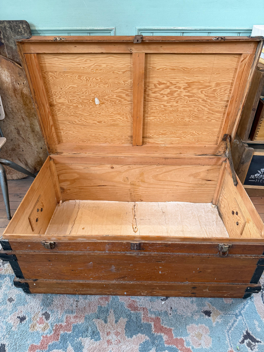 Antique Wood Flat Top Traveling Trunk 31x19x14”
