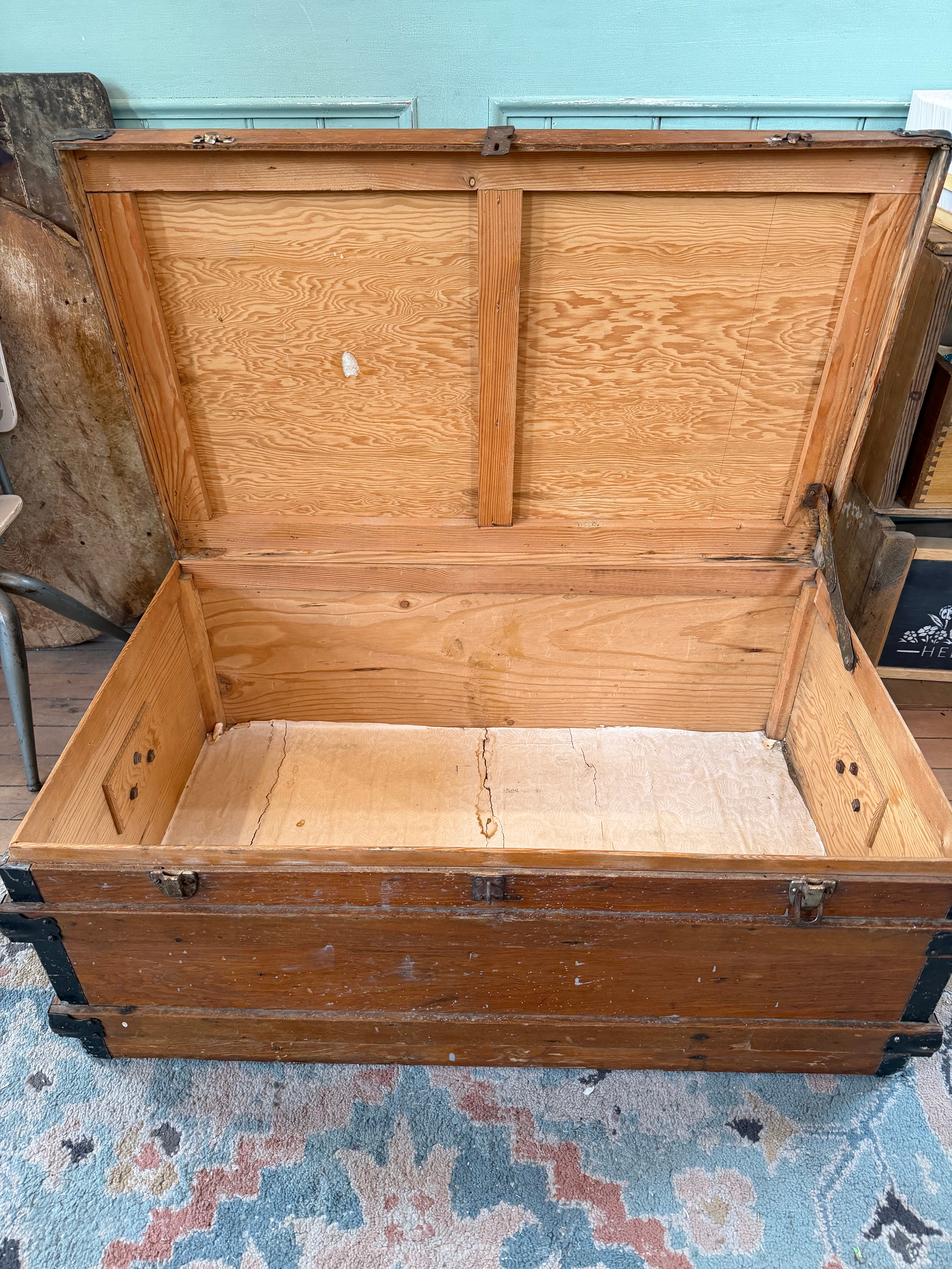 Antique Wood Flat Top Traveling Trunk 31x19x14”