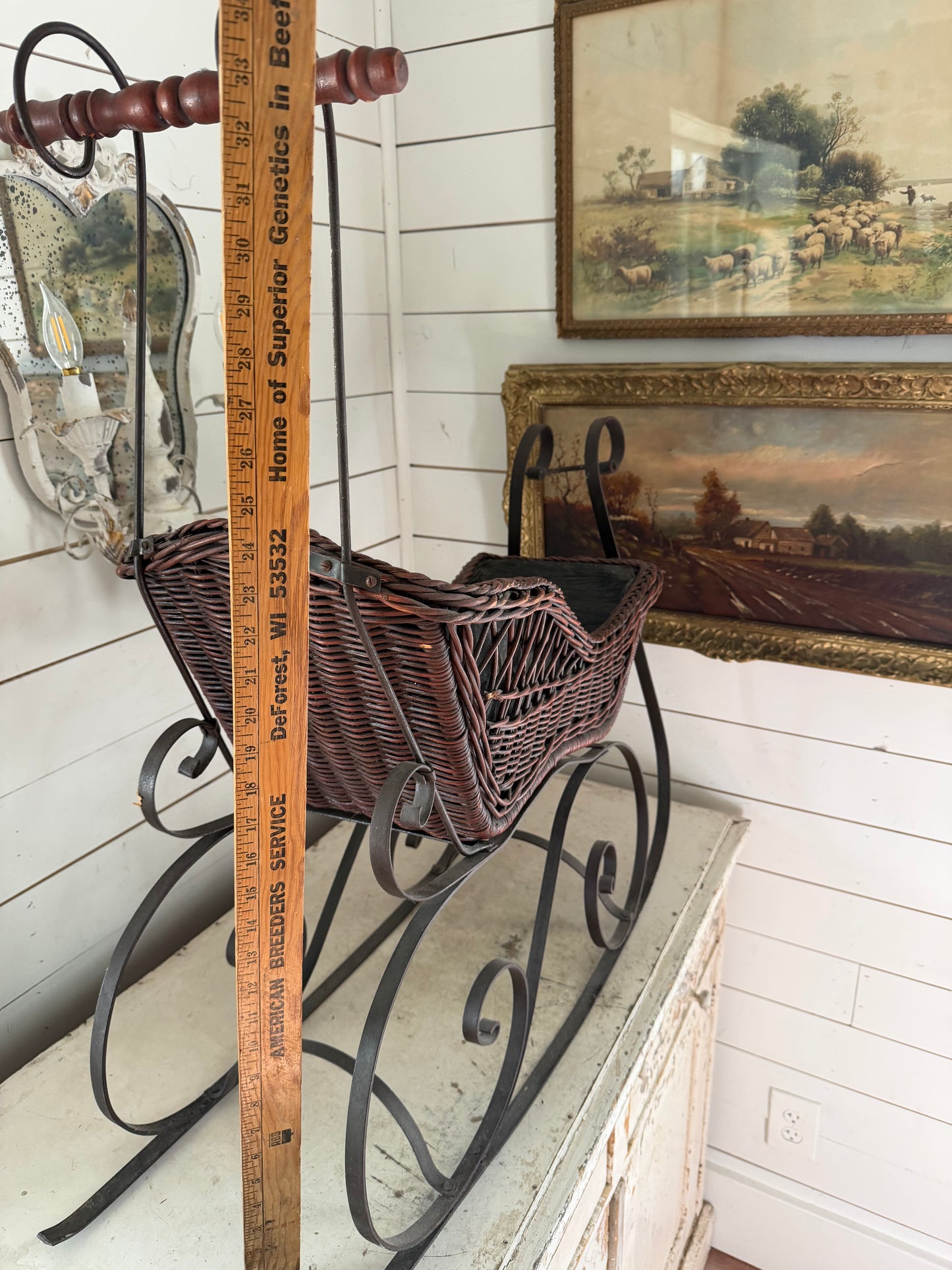 Vintage Wicker and Wrought Iron Doll Sled