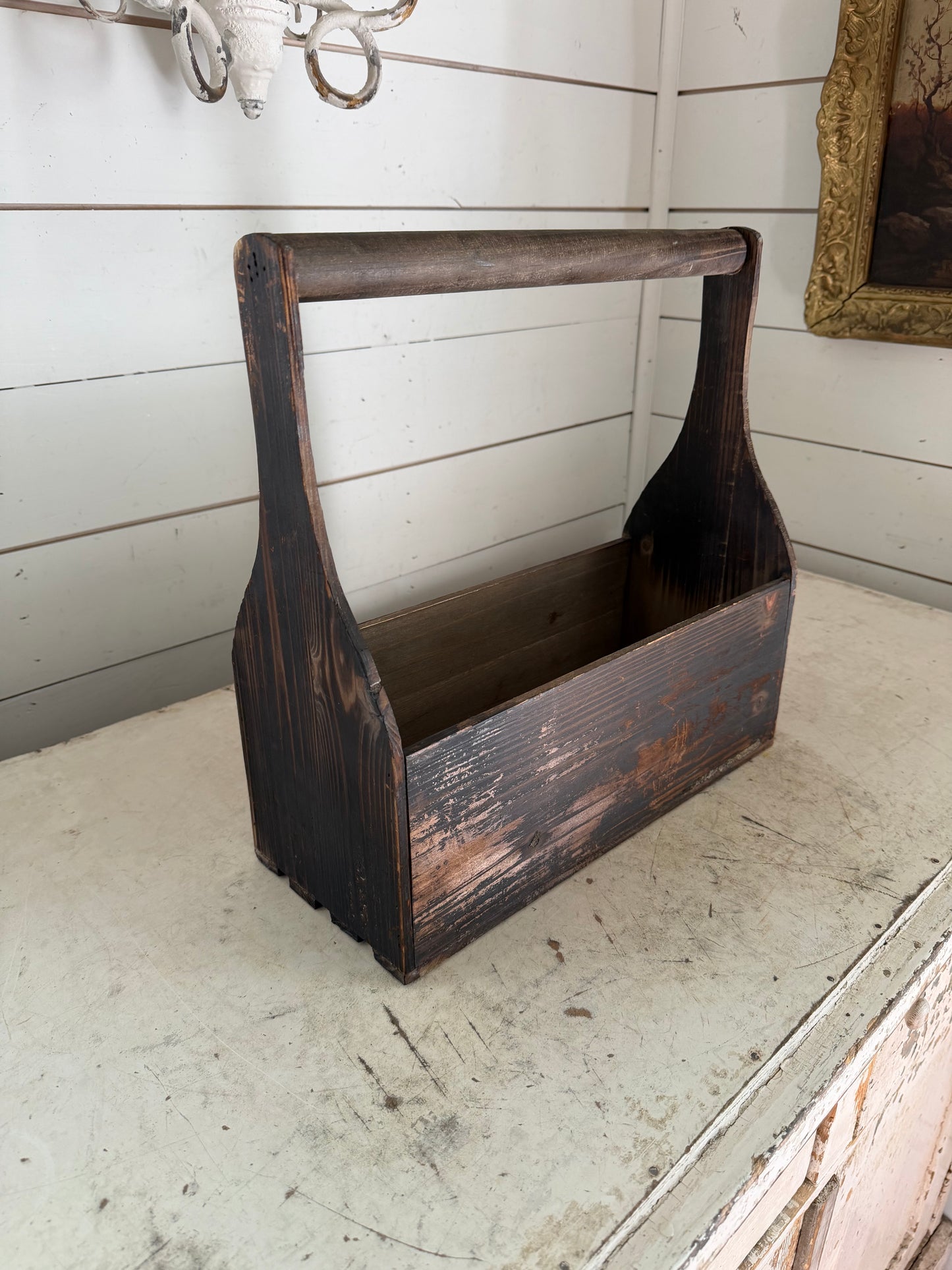 Rustic tall Handled Wood Tote - Will Get Makeover and jars