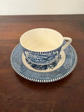 Vintage Currier and Ives Blue Flat Cup and Saucer