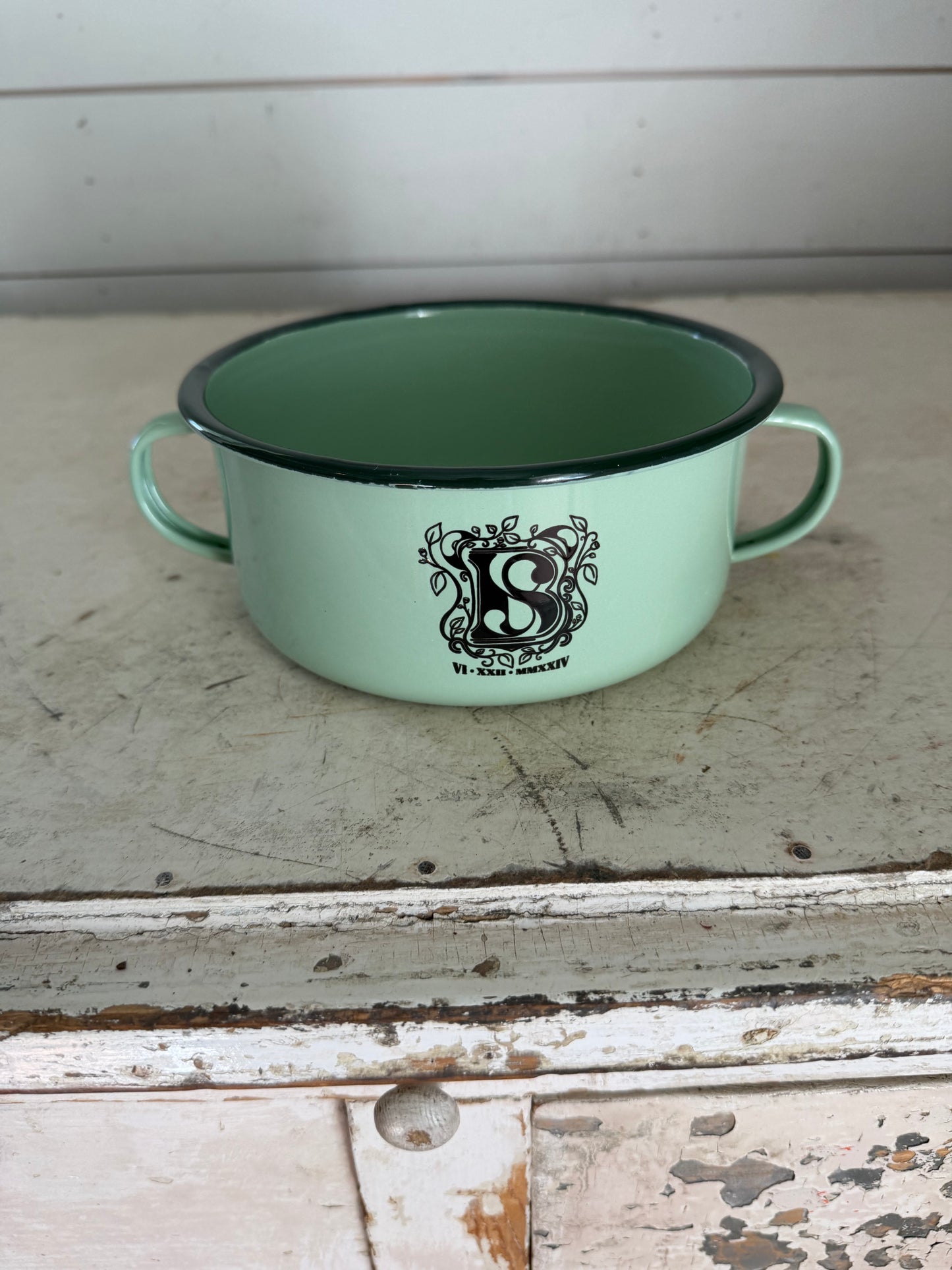 Mint green monogrammed Enamel Pot with Handles - SOLD INDIVIDUALLY
