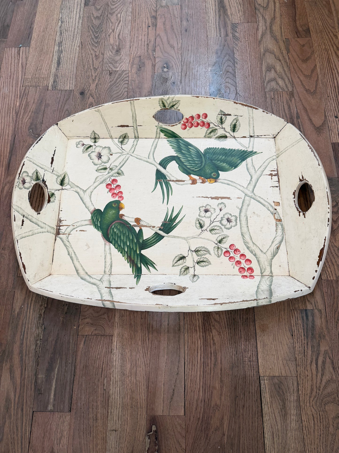 Oversized Wood Tray With Birds and Floral