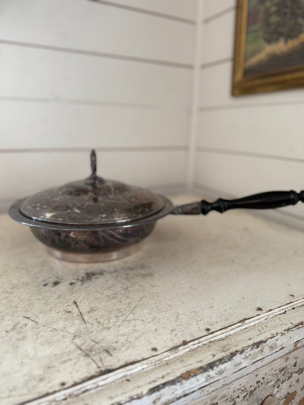Vintage Silver Plate Round Chafing Dish Wood Handle
