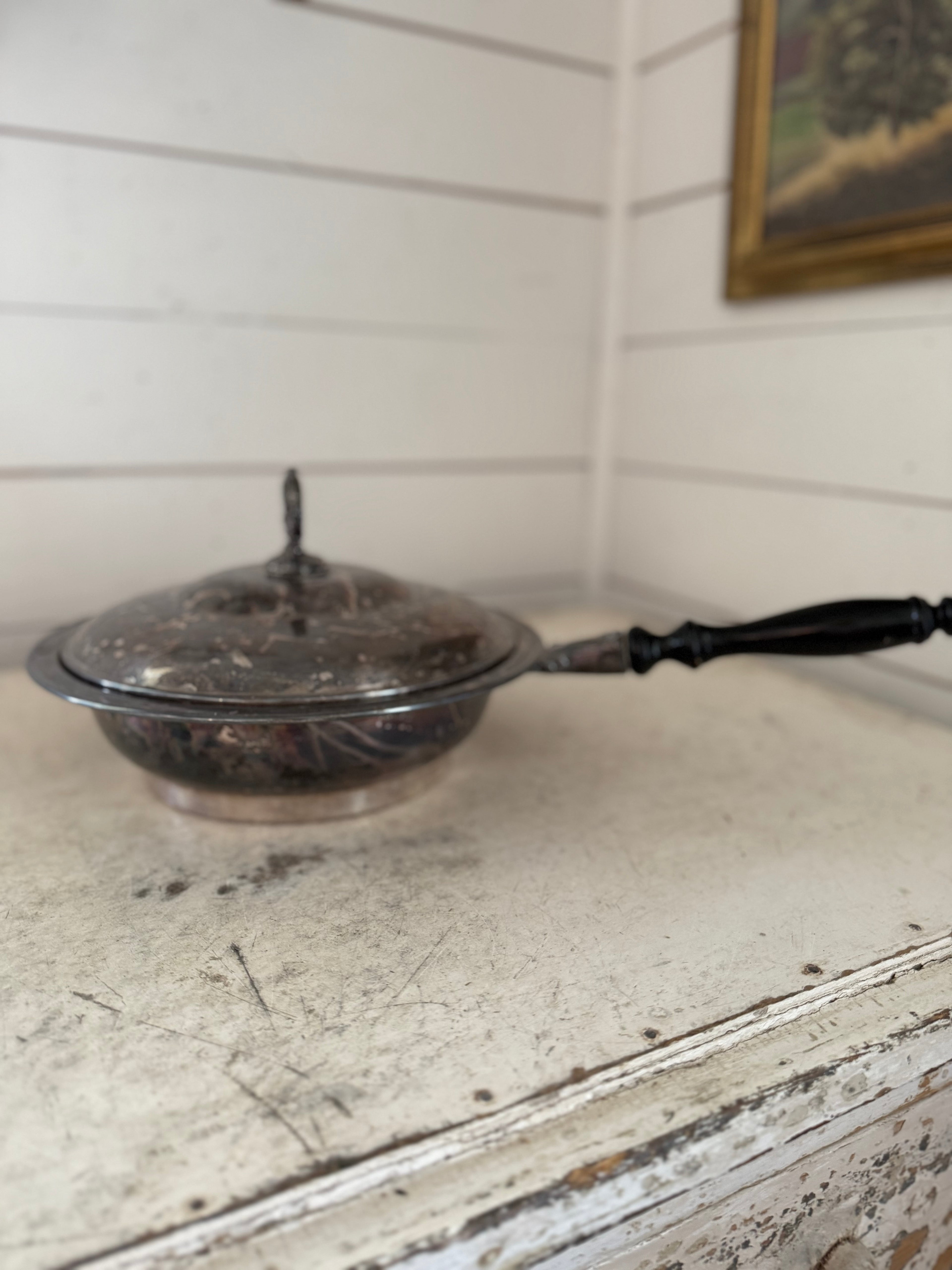 Vintage Silver Plate Round Chafing Dish Wood Handle