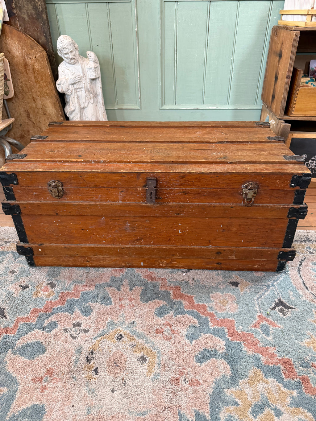 Antique Wood Flat Top Traveling Trunk 31x19x14”