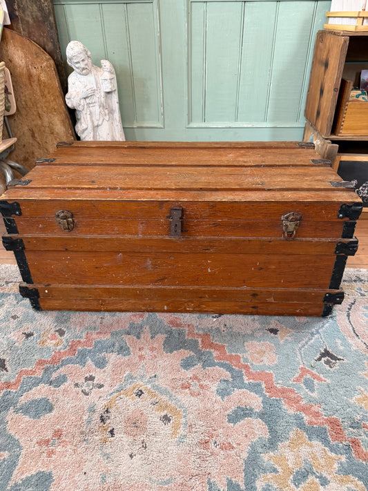 Antique Wood Flat Top Traveling Trunk 31x19x14”